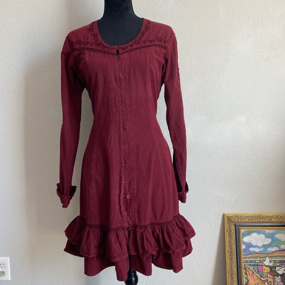 Scully Maroon Dress, Peruvian Cotton, Embroidery, Ruffles, Western,‎ Lace Back